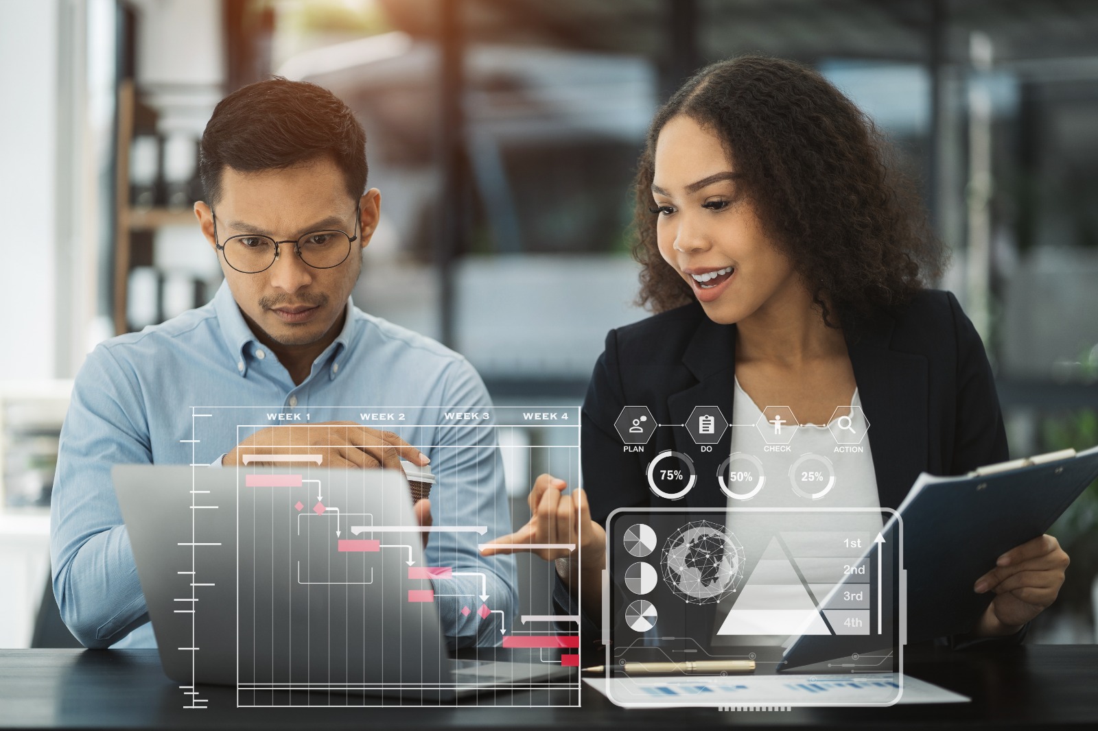 Um diagrama mostrando a conexão de dados entre os departamentos de RH e Financeiro, ilustrando a integração.
